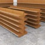 supermarket island gondola shelves wooden color