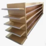 supermarket wall gondola shelves wooden color